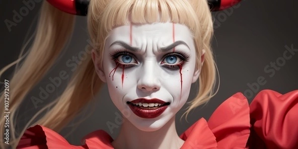 Obraz 怪訝な表情で眉間にしわを寄せる表情の女殺人ピエロ,generative ai