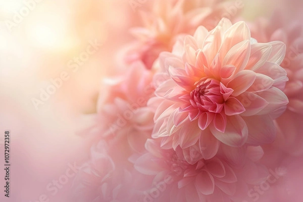 Fototapeta Abstract pastel floral background, with dahlia and roses, soft focus, blurred edges, light pink tones, and sunlight rays. 