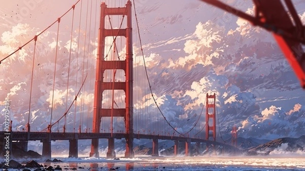 Obraz Stunning Golden Gate Bridge Anime Art Design Wallpaper