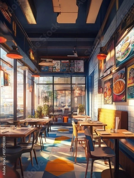 Fototapeta Open-plan restaurant with vibrant decor and casual dining experience