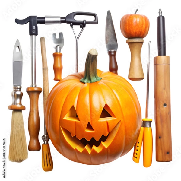 Obraz A collection of carved pumpkins and tools for Halloween decoration