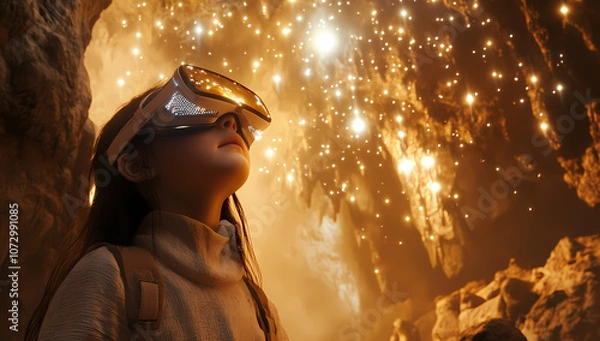 Obraz Digital Frontier: A young girl wearing a VR headset gazing upwards in wonder at shimmering particles within a cave, creating a vision of augmented reality and technological exploration.