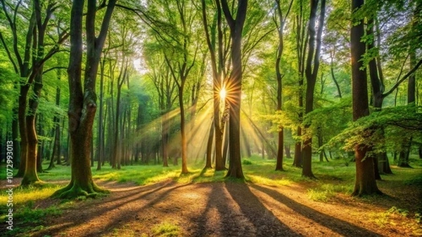 Fototapeta Sunlight Dappling Through a Canopy of Lush Green Leaves, Casting Long Shadows on the Forest Floor
