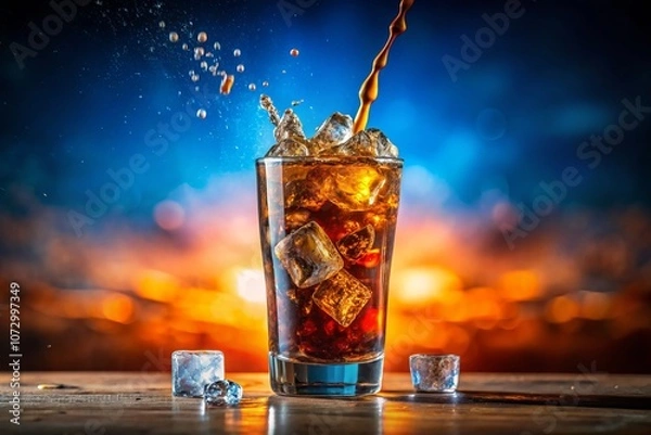 Fototapeta Refreshing Cola Poured into Glass with Ice Cubes on a Gradient Background - Perfect for Summer Beverage Promotions and Marketing Materials