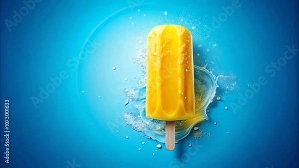 Fototapeta A vibrant yellow popsicle melts into a refreshing blue pool, creating a burst of frozen delight