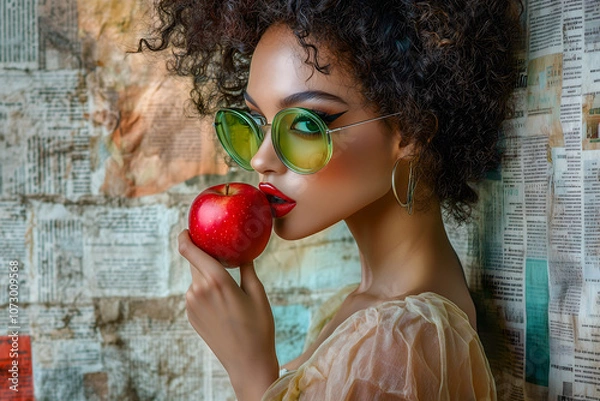 Fototapeta Portrait of a beautiful young brunette woman with a ripe and juicy red apple in her hands against a background of newspaper and magazine clippings