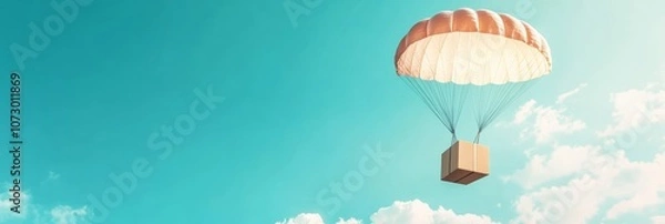 Fototapeta Express delivery concept is illustrated by cardboard box descending with parachute in sunny blue sky, representing fast and safe online shopping experience