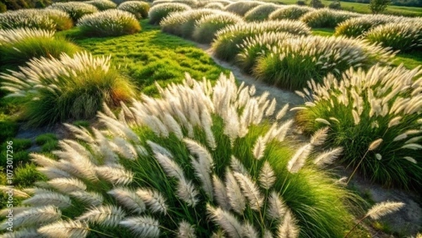 Fototapeta Aerial View of Pennisetum setaceum - The Fountain Grass in Lush Green Landscape Showcasing Its Unique Feather-like Plumes and Graceful Movement in the Gentle Breeze