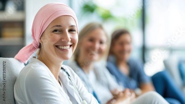 Fototapeta Smiling Cancer Survivor in Support Group Meeting Illuminated by Bright Natural Light, Fostering Hope and Community Among Patients in Recovery