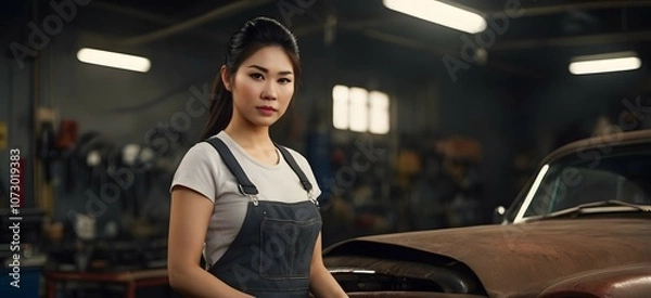Fototapeta A young woman in overalls stands confidently beside a vintage car in a dimly lit workshop, showcasing her mechanical skills and passion. Generative AI