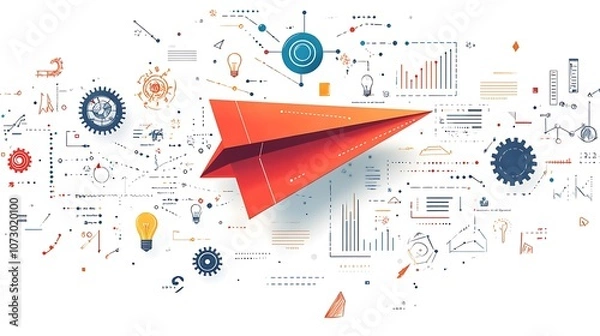 Fototapeta Red paper airplane flies on a white background