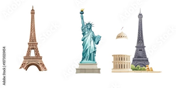 Fototapeta Eiffel Tower  Statue of Liberty  and Colosseum Landmark Illustration  on transparent background