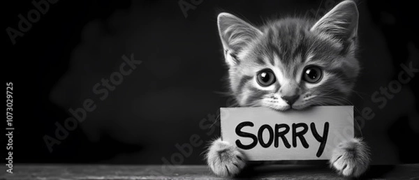 Obraz Adorable kitten with big eyes holding a "Sorry" sign against a dark background. Black and white photograph capturing a heartfelt, apologetic expression.