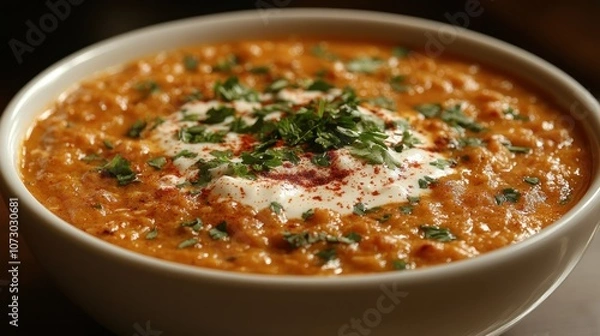 Fototapeta Lentil Soup with Yogurt and Parsley