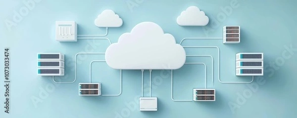 Obraz Cloud migration visualization, servers connecting to cloud icon, streamlined digital pathways
