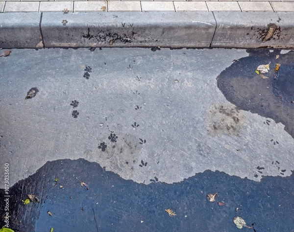 Fototapeta Wet footprints of a bird and a dog are visible on the asphalt