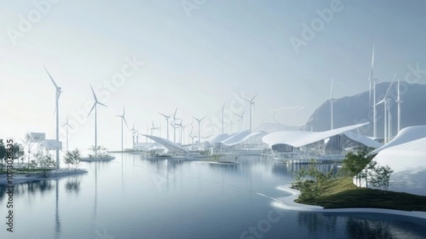 Fototapeta Futuristic city with wind turbines and modern architecture by a lake.