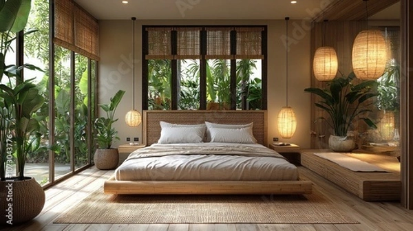 Fototapeta Tranquil bamboo bedroom featuring natural decor, eco-friendly design, interior design, and lush greenery creating a serene, sustainable, and peaceful retreat