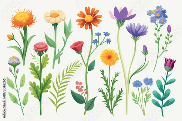 Fototapeta Collection of wildflowers, set, clipart, design game asset sprite sheet, aquarelle illustration, of hand drawn plants, leaves, flowers. Silhouettes of natural elements for seasonal backgrounds, and ve