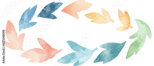 Fototapeta A circular arrangement of watercolor leaves in soft pastel colors, creating a harmonious and artistic design.
