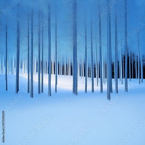 Fototapeta Snow-covered trees illuminated by pale blue glow, cold ambient lighting, quiet forest scene