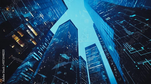 Fototapeta Smart digital Innovation city Business skyscrapers in the Financial District with connection network reciprocity over the cityscape. of future smart wireless digital city and social media networking