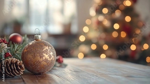 Fototapeta Christmas background with wooden table and pine branches, bokeh lights, digital backdrop for product display.