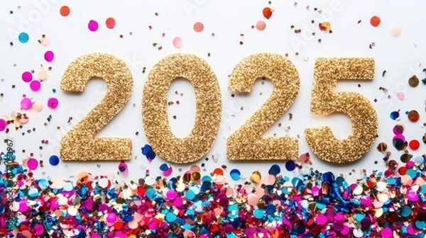 Fototapeta Glitzy New Year Celebration Background with Shiny Gold 2025 Numbers Surrounded by Colorful Confetti for Festive Events and Parties