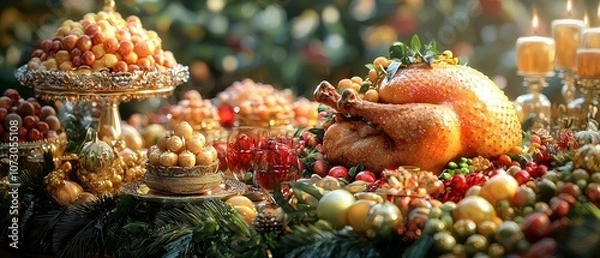 Fototapeta A lavish feast featuring a beautifully roasted turkey surrounded by an abundance of colorful fruits and decorative candles.