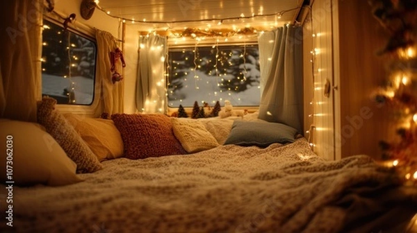 Obraz comfortable bedroom interior in a recreational vehicle or mobile home trailer, the idea of family vacations in the country, and camping during the winter, Christmas, and New Year's holidays