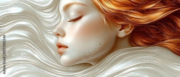 Fototapeta A serene young Caucasian woman with flowing red hair appears to be peacefully submerged in creamy waves, creating a tranquil and dreamlike atmosphere.