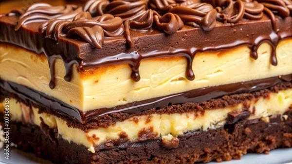 Fototapeta Close-up of a decadent chocolate cake layered with creamy filling and topped with swirls of rich chocolate icing.