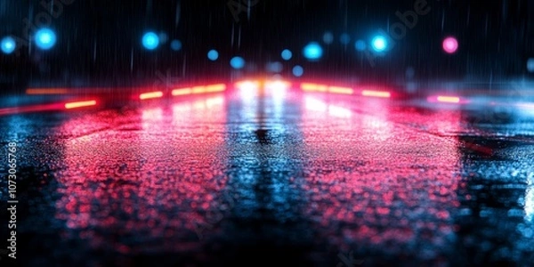 Fototapeta A vibrant urban scene with colorful car lights reflecting on a wet street during a rainstorm, creating a moody atmosphere.