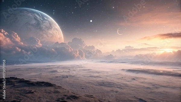 Obraz An ethereal and dreamy atmosphere of a distant planet with misty clouds and an eerie glow, surreal, alien world