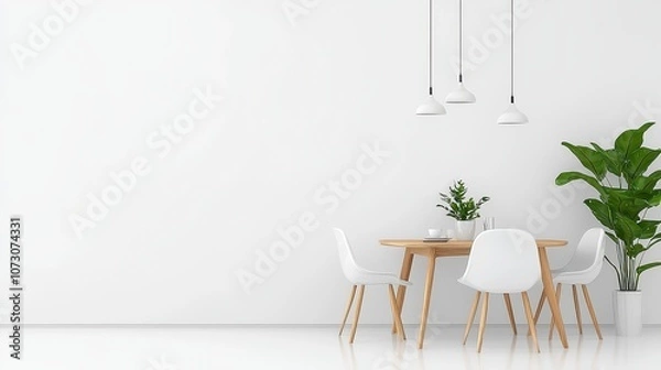 Obraz Modern Minimalist Dining Area Featuring Wooden Table and White Chairs with Indoor Plants Against Clean White Wall and Soft Lighting