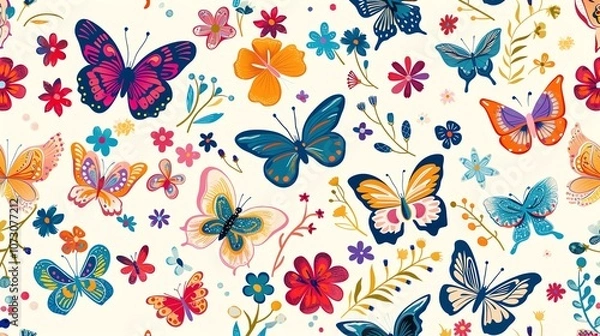 Fototapeta A colorful pattern of butterflies and flowers on a white background.