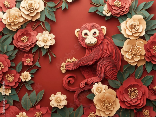 Fototapeta Year of the Monkey Chinese Horoscope and Zodiac in paper art style for Lunar New Year