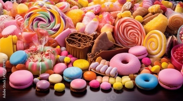 Fototapeta delicious sweets on abstract background, colored chocolates and sweets on the table, colorful sweets wallpaper, sweets banner