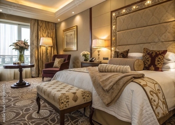 Fototapeta Luxurious Hotel Room Interior Design Featuring Elegant Decor, Plush Furnishings, and Ambient Lighting for a Cozy and Inviting Atmosphere