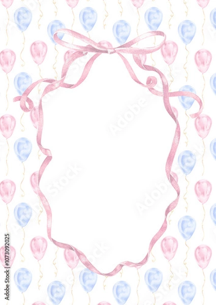 Obraz Watercolor card featuring a pink ribbon and pastel balloons. The hand drawn frame with an elegant bow creates a beautiful baby shower or birthday invitation with copyspace for personal messages