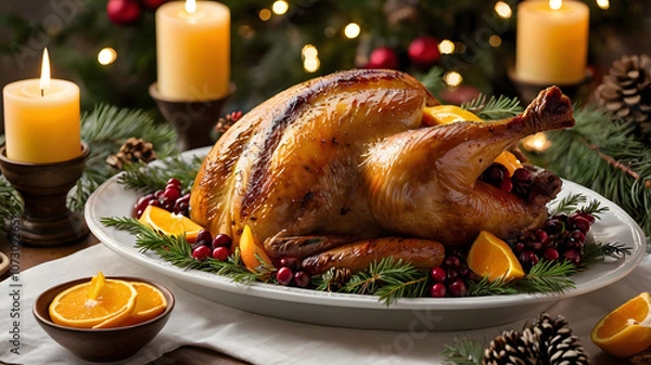 Fototapeta A large turkey is sitting on a white plate with orange slices and pine cones around it. The scene is set in a festive atmosphere, likely during the holiday season