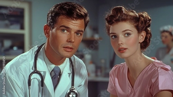 Fototapeta A retro-style doctor and nurse posed together, reflecting 1950s aesthetics in a healthcare setting, showcasing professionalism and charm.