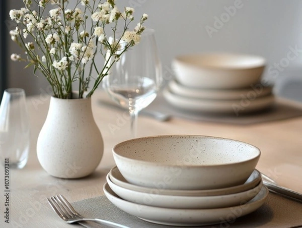 Fototapeta Meticulously Arranged Dining Table Setting with Porcelain Plates and Floral Centerpiece