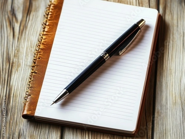 Fototapeta Elegant Notebook with Ballpoint Pen on Wooden Table