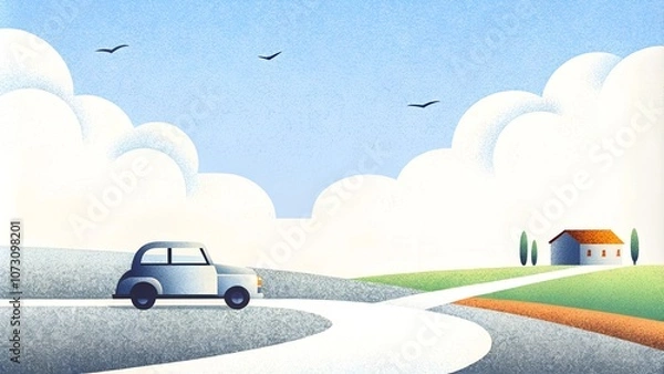 Fototapeta フランスの田舎道をトコトコと古い車が走っている