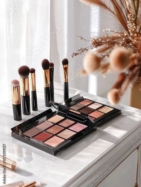 Fototapeta Premium Makeup Brush Set Displayed on Vanity Mirror Surface