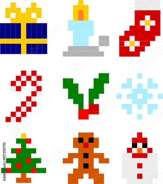 Fototapeta Set of Christmas pixel art minimal vector image or clipart for decoration or designs