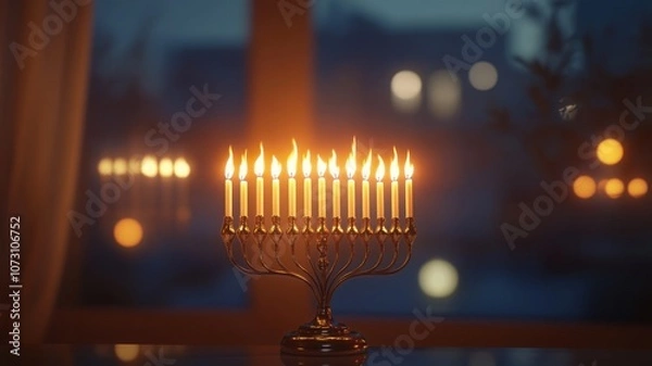 Fototapeta Hanukkah menorah with all nine candles glowing warmly on windowsill, with serene night sky in background. Hanukkah