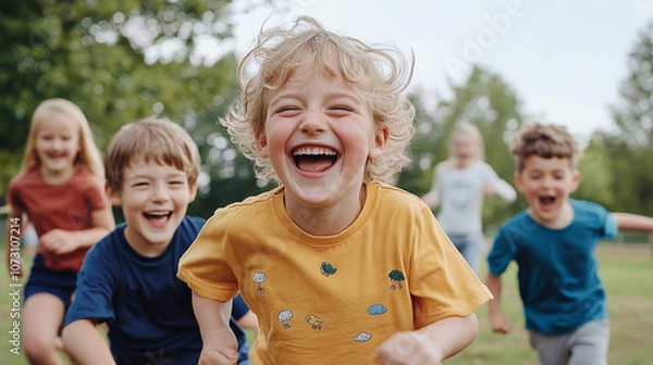 Fototapeta Grupo de niños corriendo y riendo al aire libre en un parque en un día soleado