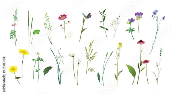 Fototapeta Plantain, lungwort, flax, echinacea, ragweed, field pea, grass spikelets, rapeseed, barbarea, doronicum, chickweed, chamomile, forget-me-not, cosmos flower. Wild plants realistic isolated drawings set